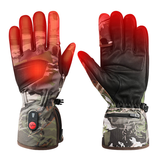 Camo electric heated gloves showing finger heating zones for winter outdoor use.