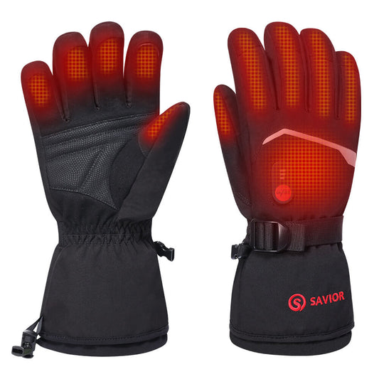 Heated gloves with full-finger warming zones shown in red, highlighting palm and finger heating coverage for cold-weather protection.