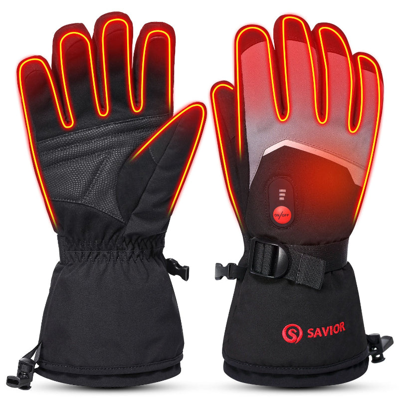 Heated ski gloves with full-finger heating, insulated design for extreme cold, waterproof protection, and adjustable wrist strap.