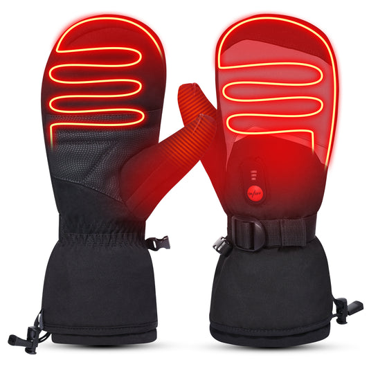 Heated ski mittens showing full-palm and finger heating zones with bright red glow for winter warmth.