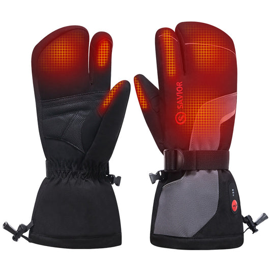 Heated three-finger ski gloves showing red warming zones across the fingers and back of the hand, designed for cold-weather skiing.