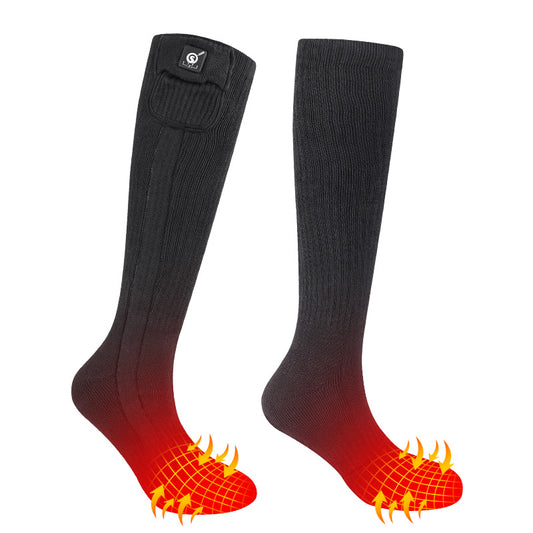 Black heated socks with ribbed knit texture, visible battery pocket near the cuff, and illustrated heat effect glowing at the toe area on a white background.