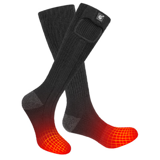 Black heated socks with visible battery pocket near the cuff and glowing heat effect illustrated at the toe area on a white background.