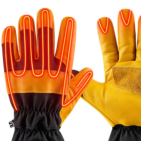 Heated work gloves with leather palm and visible heating elements
