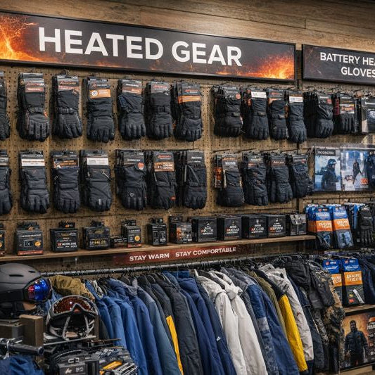 heated gear wholesale display of battery heated gloves in a winter sports shop