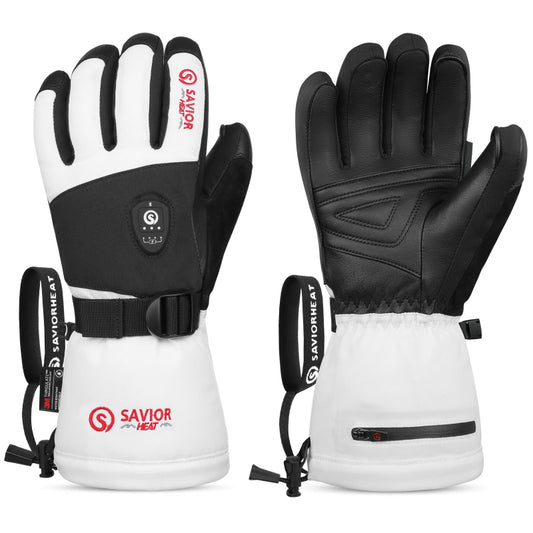 White heated ski gloves with waterproof shell and reinforced palm, designed for extreme cold weather, skiing, and long-lasting warmth.
