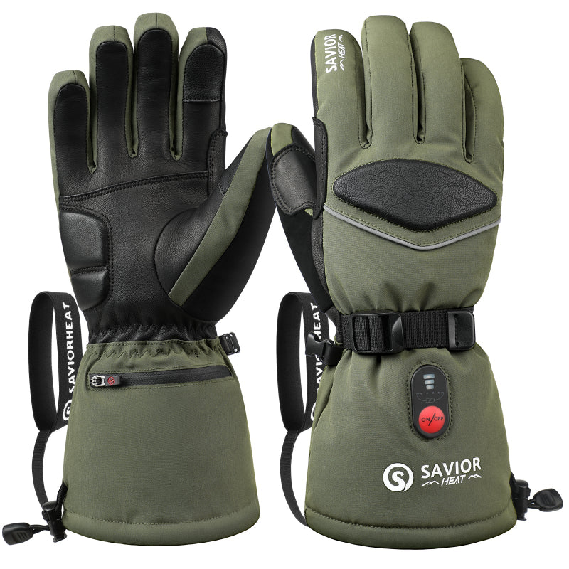 olive green heated ski gloves with waterproof design, touchscreen thumb, and three-level temperature control for winter sports