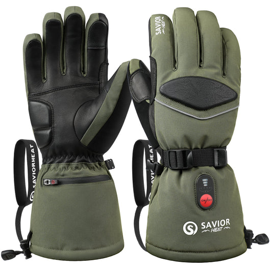 olive green heated ski gloves with waterproof design, touchscreen thumb, and three-level temperature control for winter sports