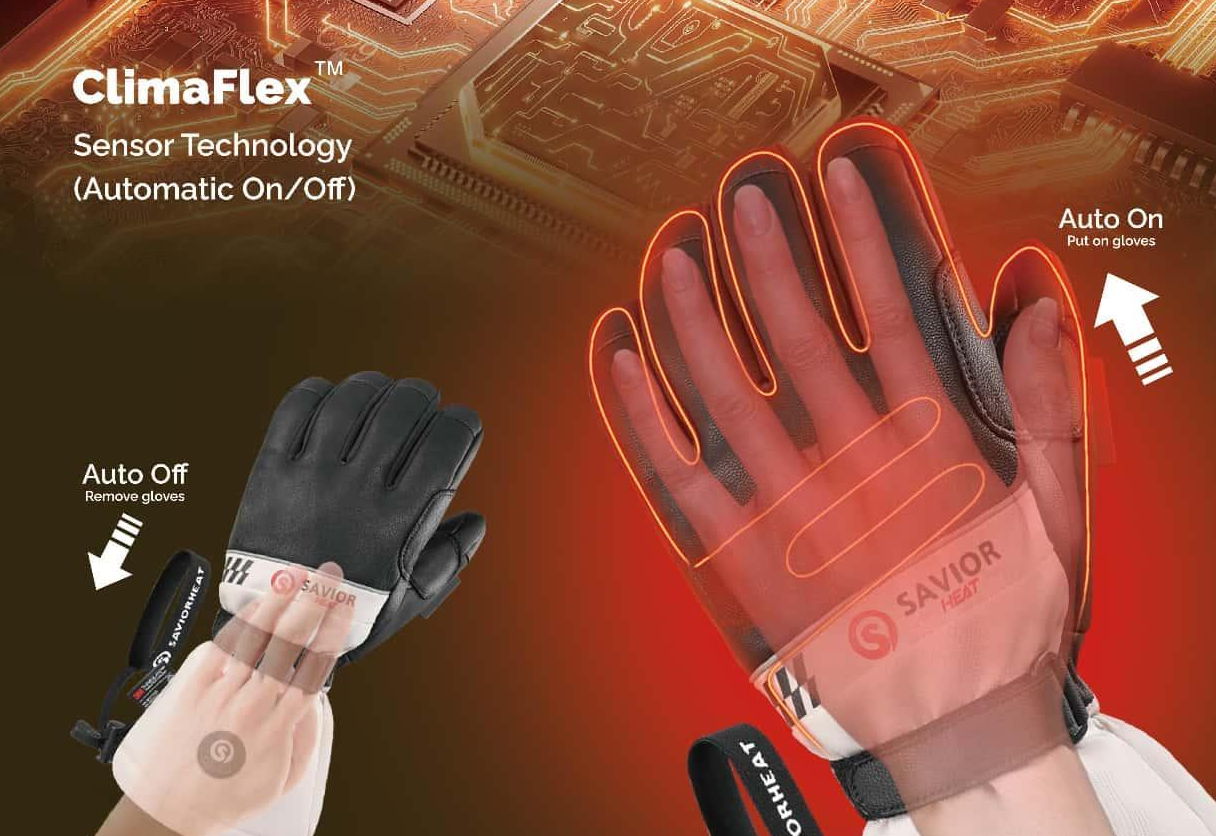 ClimaFlex sensor heated gloves showing automatic on off technology for winter heated gloves.