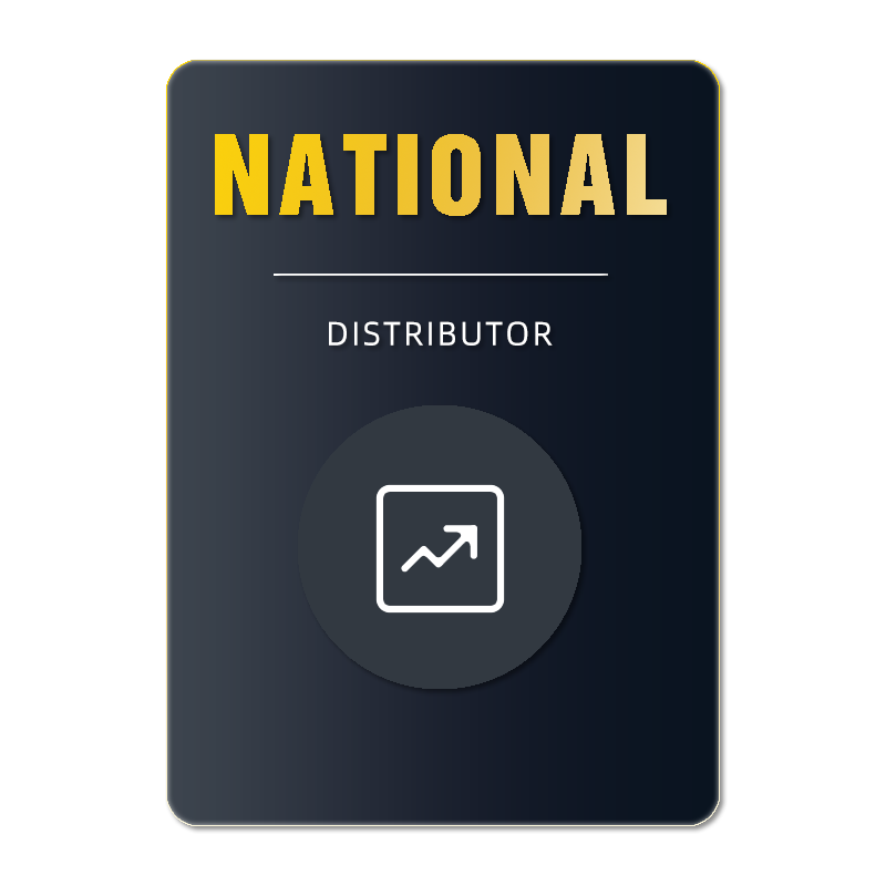 National distributor badge with upward growth icon on a dark gradient background.

