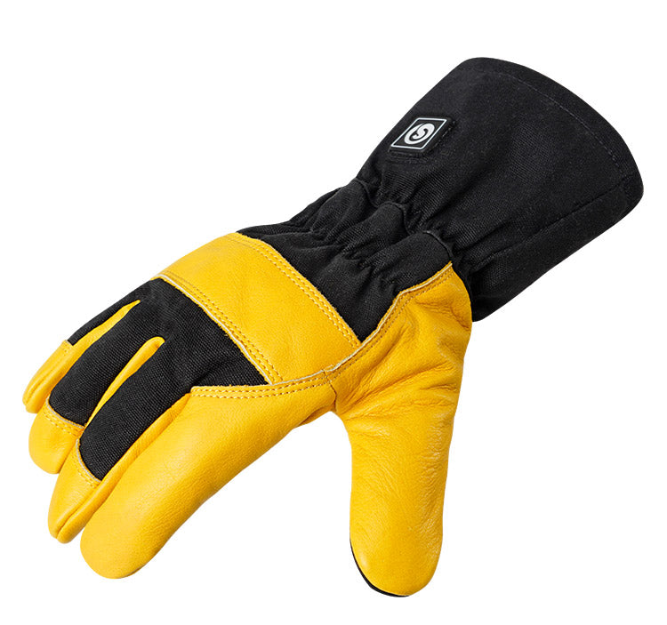 Yellow leather heated work glove with reinforced palm and extended cuff.