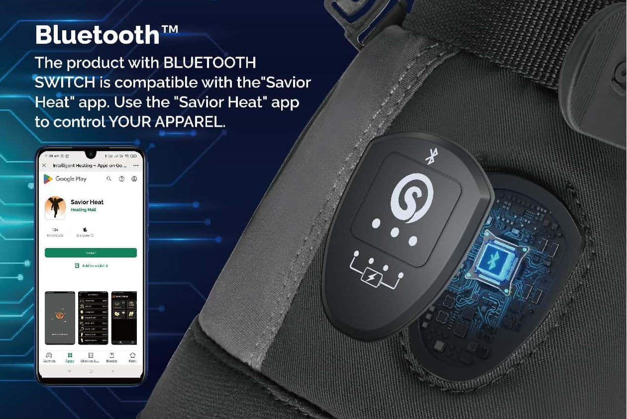 Bluetooth heated gloves with app control showing smart switch and Savior Heat app interface