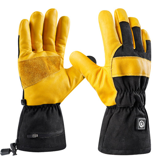 Yellow leather heated work gloves with reinforced palm and waterproof zipper pocket, designed for outdoor cold-weather tasks.