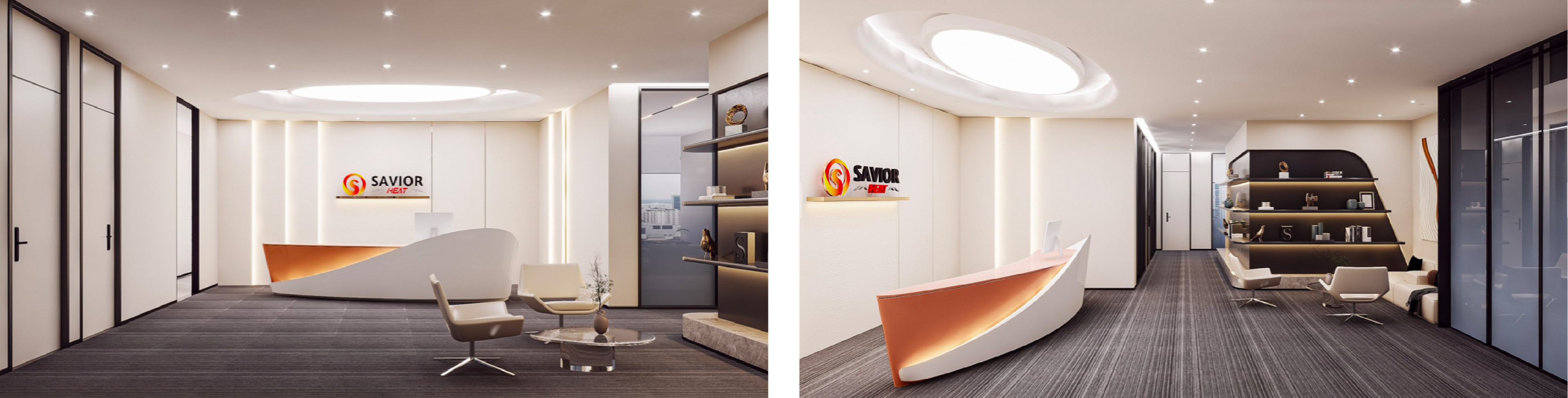 Modern SAVIOR HEAT showroom interior showcasing branding used for battery heated gloves partners, with a sleek reception and product display area.