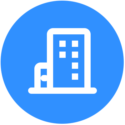 Building icon in blue circle representing company or office location