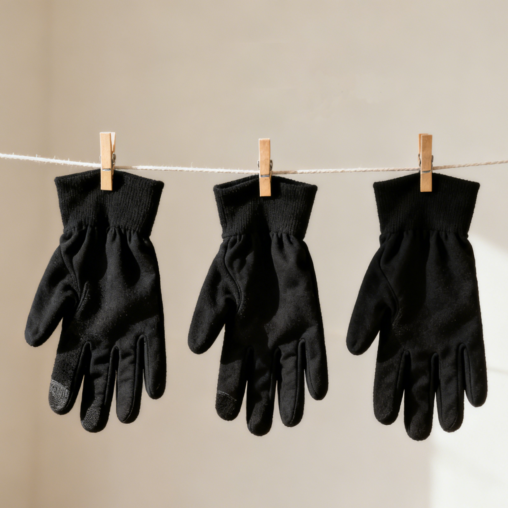 Black heated glove liners drying on a rope, lightweight winter glove liners for heated gloves
