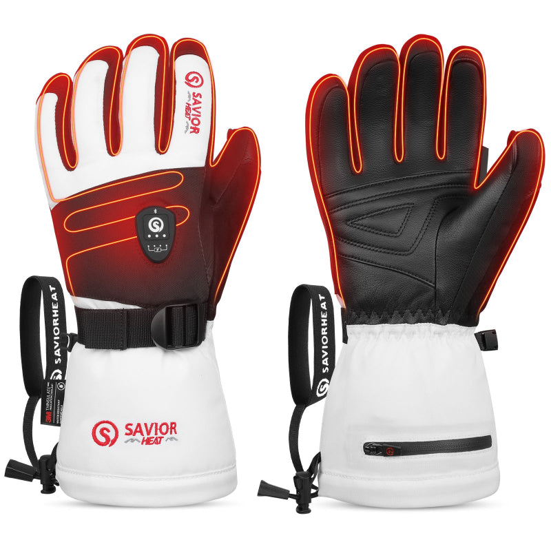 White heated ski gloves showing full heating coverage, waterproof design, and insulated build for extreme cold skiing and winter outdoor use.