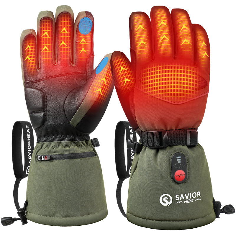 Heated ski gloves for extreme cold, featuring long battery life, waterproof material, and touch screen finger pads for winter sports like skiing/snowboarding.