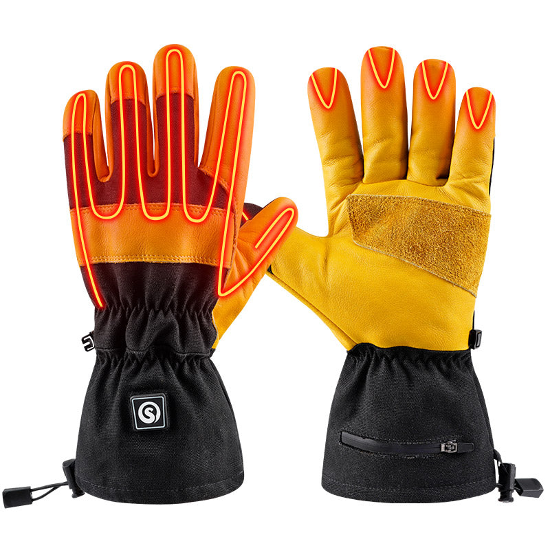 Yellow leather heated work gloves with visible heating elements, reinforced palm and waterproof zipper, designed for winter outdoor tasks.
