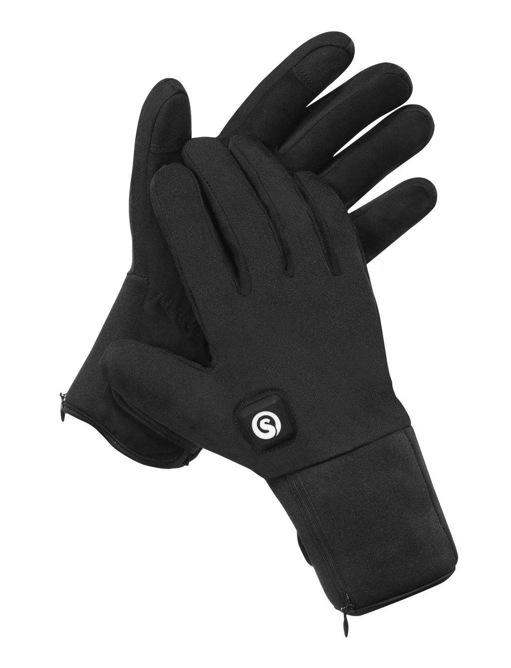 Black heated gloves with a lightweight design, touchscreen-friendly fingertips, and a slim wrist battery pocket for winter commuting