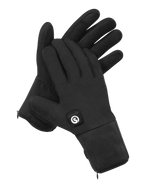 Black heated gloves with a lightweight design, touchscreen-friendly fingertips, and a slim wrist battery pocket for winter commuting