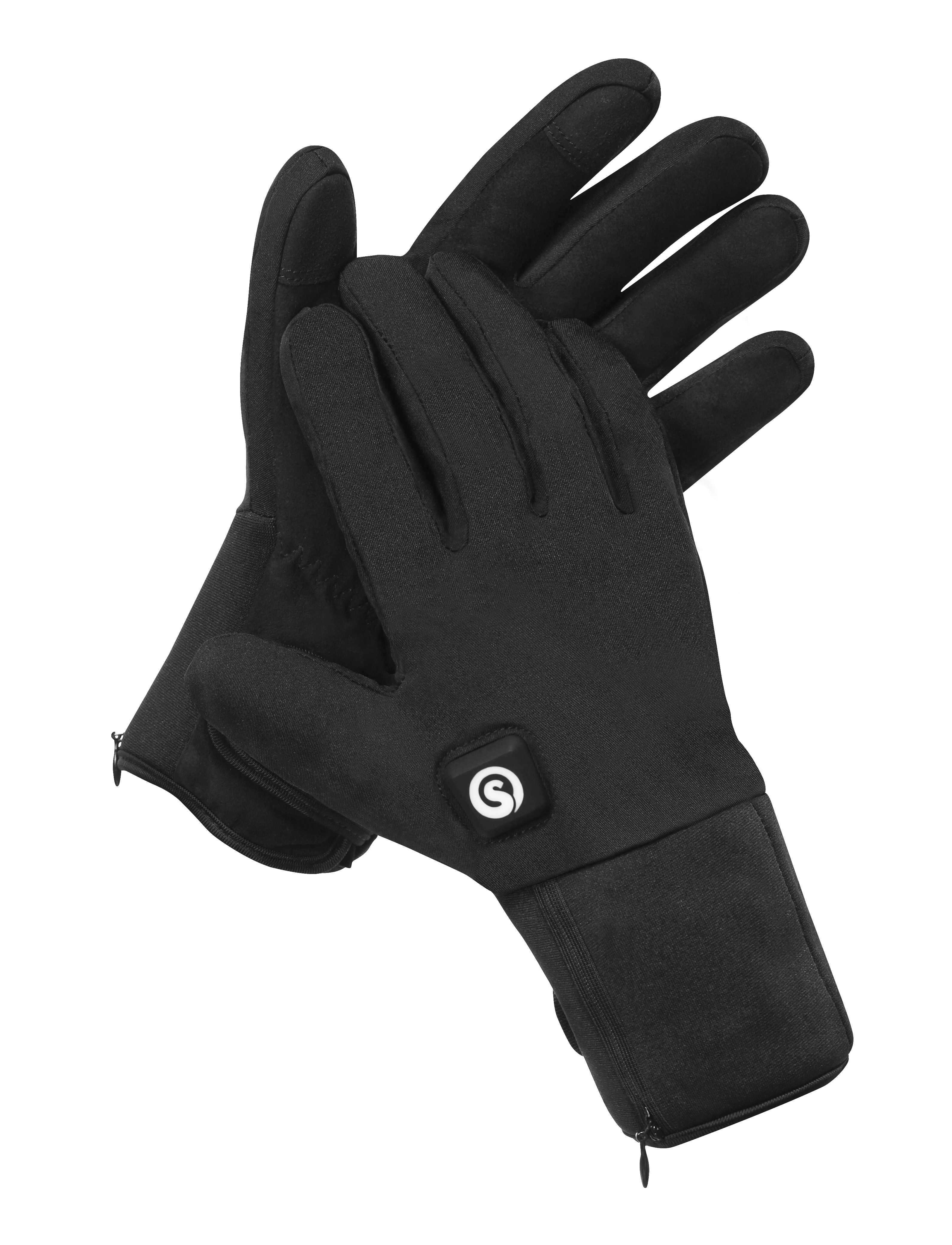 Black heated gloves with a lightweight design, touchscreen-friendly fingertips, and a slim wrist battery pocket for winter commuting