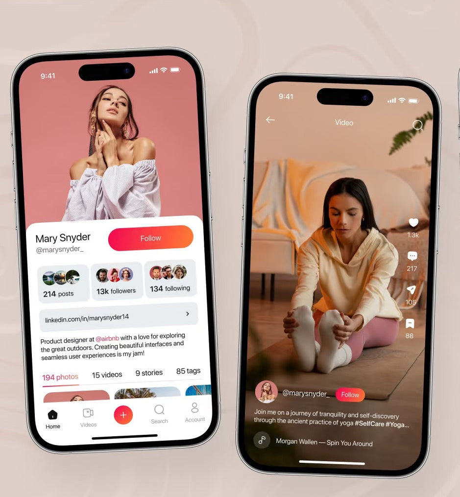 Two smartphones displaying social media profile and video feed UI, highlighting modern mobile interface design for creator content and engagement.