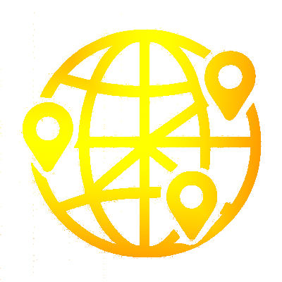 Gold global network icon with multiple location pins, representing worldwide coverage, distribution, and international service.