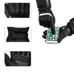 Heated motorcycle glove showing touchscreen fingertip, wrist strap adjustment, and reinforced palm grip while operating a smartphone.