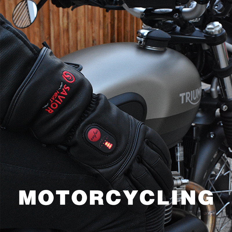 Heated motorcycle gloves providing windproof and waterproof warmth for cold-weather riding.
