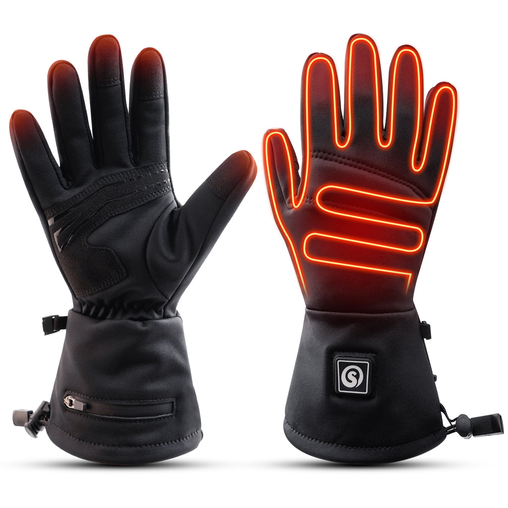 Black heated gloves with visible heating lines, long cuffs, and a grippy palm design.