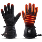 Black heated gloves with visible heating lines, long cuffs, and a grippy palm design.