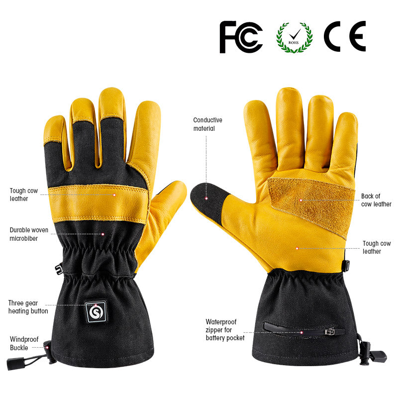 Yellow leather heated work gloves with touchscreen thumb, durable microfiber palm, and waterproof battery pocket zipper