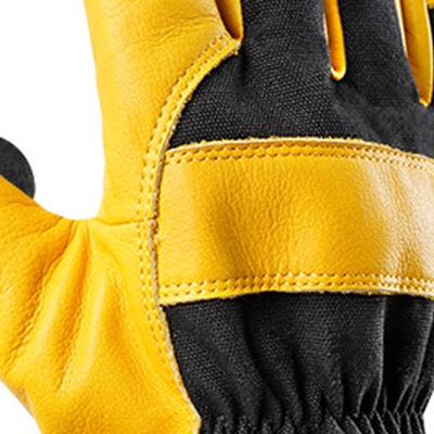 Close-up of yellow leather work glove with reinforced palm panel.