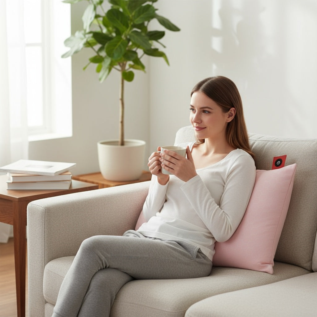 Woman wearing gray heated underwear while relaxing on a sofa, showing comfortable fit for indoor warmth