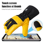 Yellow leather heated work gloves with a touchscreen thumb touching a smartphone screen.