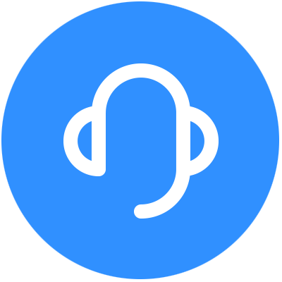 Customer support headset icon in a blue circle.