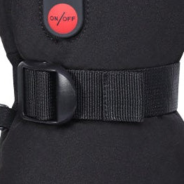 Adjustable wrist strap on heated gloves, providing a secure fit and better insulation for winter outdoor use.