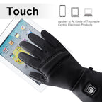 Touchscreen-compatible heated gloves being used on a tablet device.