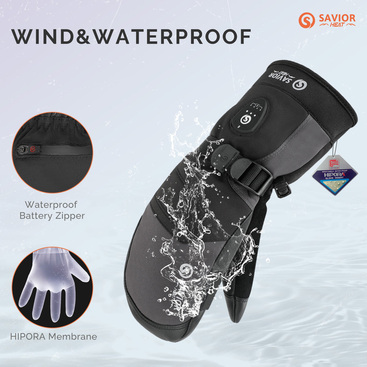 Windproof and waterproof heated gloves with a waterproof battery zipper and HIPORA membrane shown.
