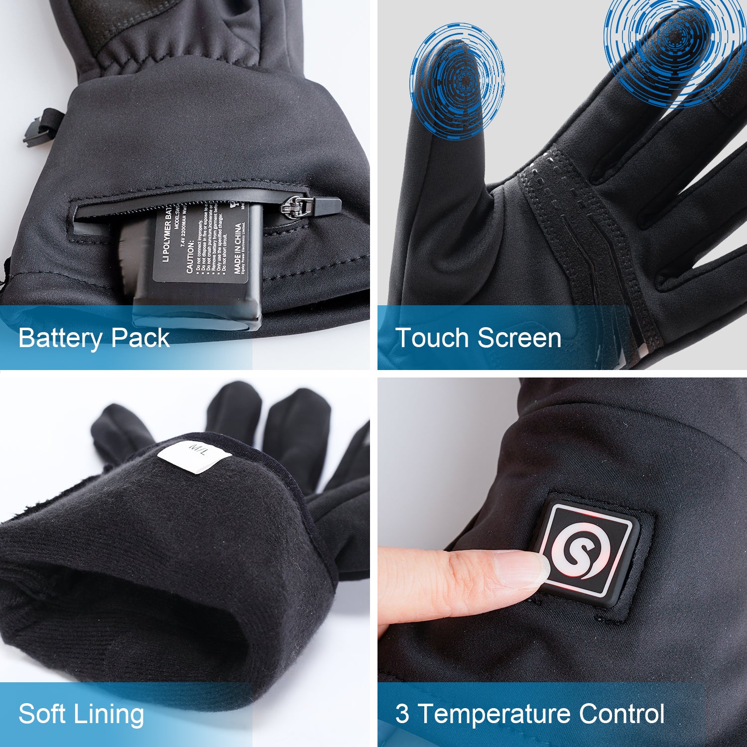 Close-up details of heated gloves showing the battery pack, touchscreen fingertips, soft inner lining, and three-level temperature control button.