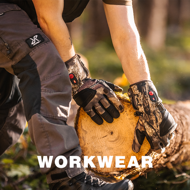 Heated work gloves providing warmth and grip for logging and outdoor labor in cold weather.
