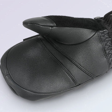 Black leather mittens featuring reinforced stitching and an ergonomic thumb design for enhanced durability and flexible grip