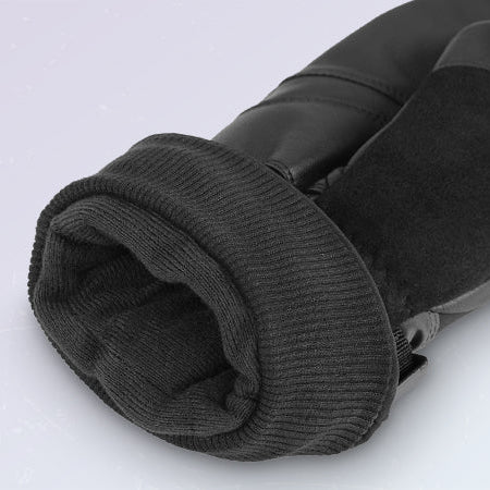 Black leather mittens with a soft knit cuff and elastic wrist for a secure, comfortable fit and added warmth.