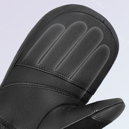 Black leather mittens featuring a padded palm with detailed stitching for reinforced durability and comfortable wear.