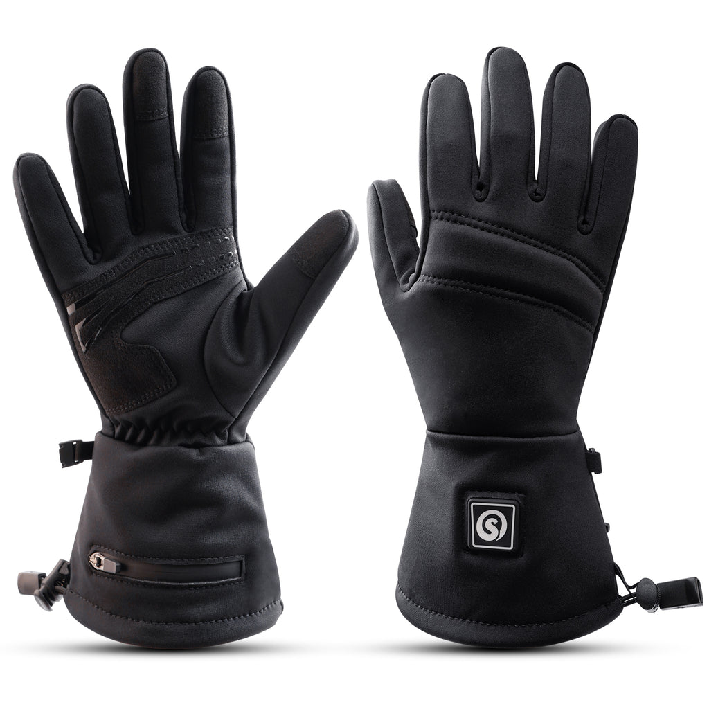 Black heated gloves with long cuffs, touchscreen-compatible palm design and a front heating button.
