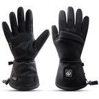 Black heated gloves with long cuffs, touchscreen-compatible palm design and a front heating button.