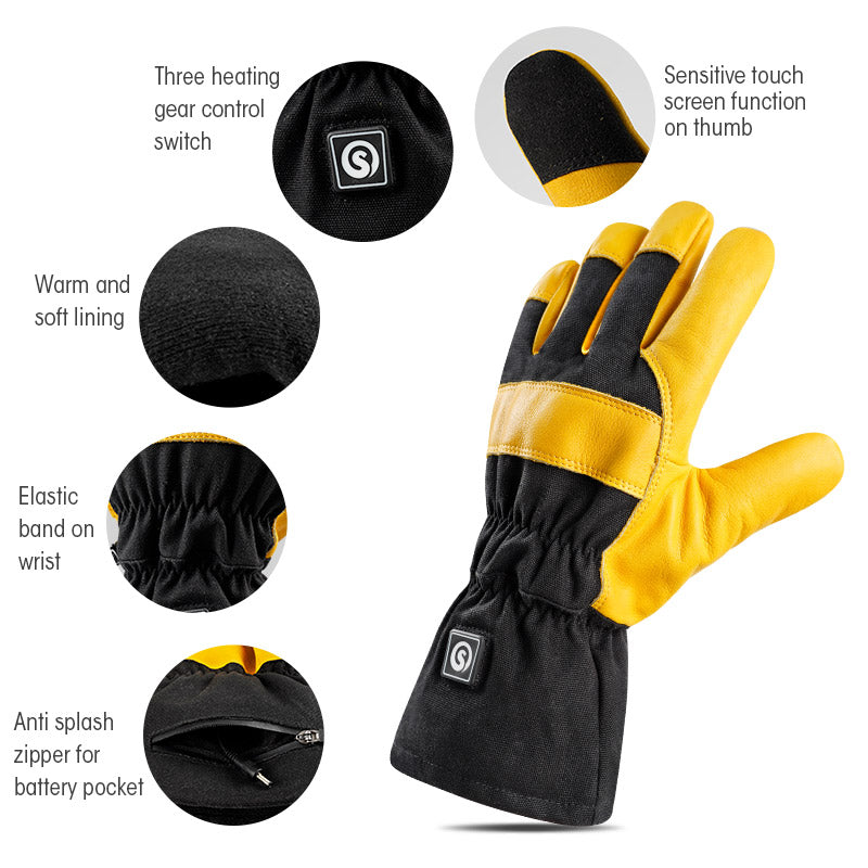 Yellow and black heated work gloves showing touchscreen thumb, soft lining, and battery pocket zipper.