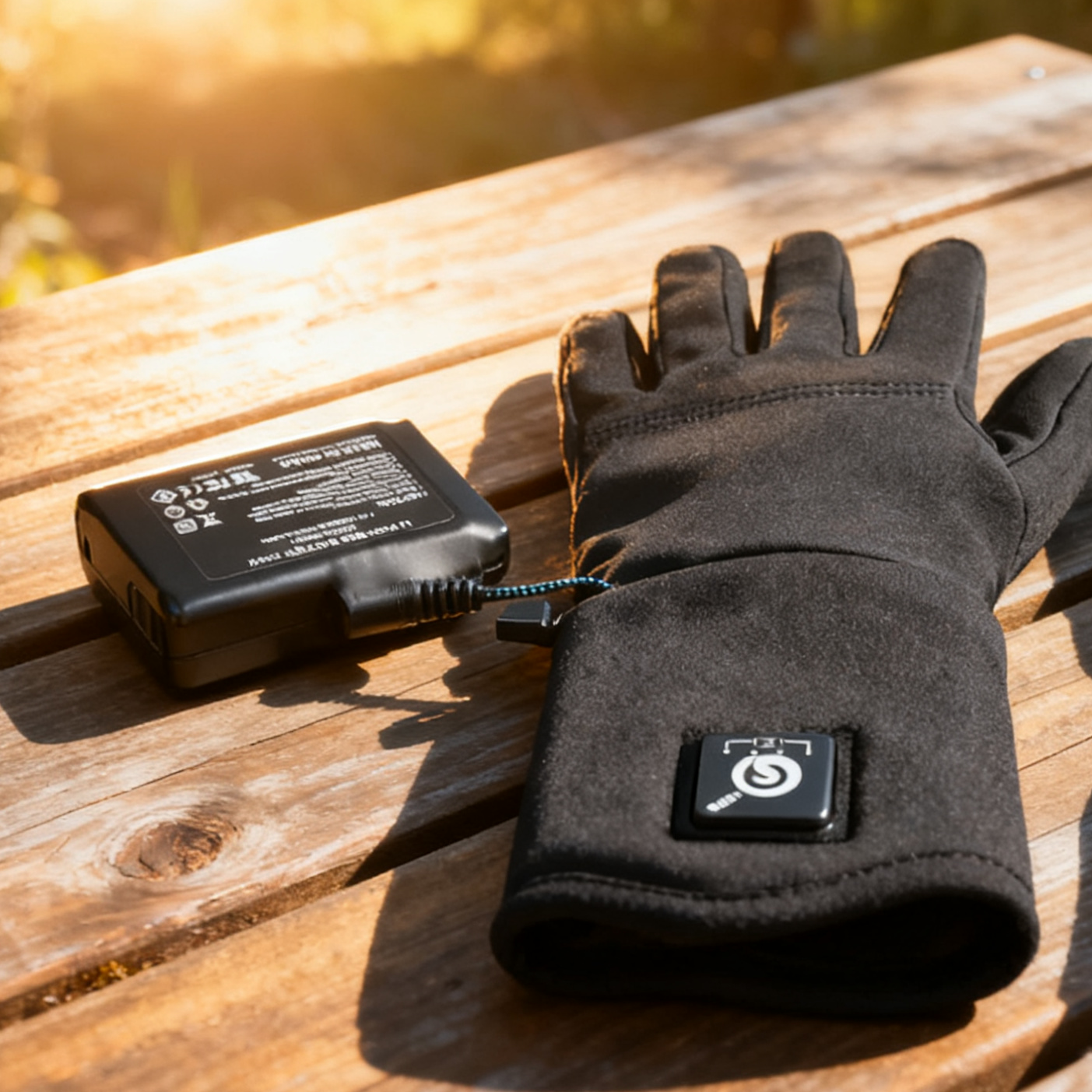 Black heated gloves and a battery pack placed on a wooden table in sunlight.