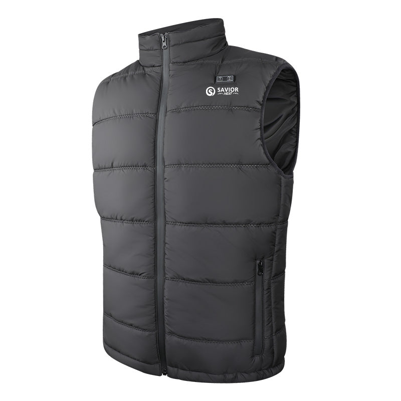 Black quilted sleeveless vest with stand collar, front zipper, chest logo patch, side pocket zipper, and small control button.